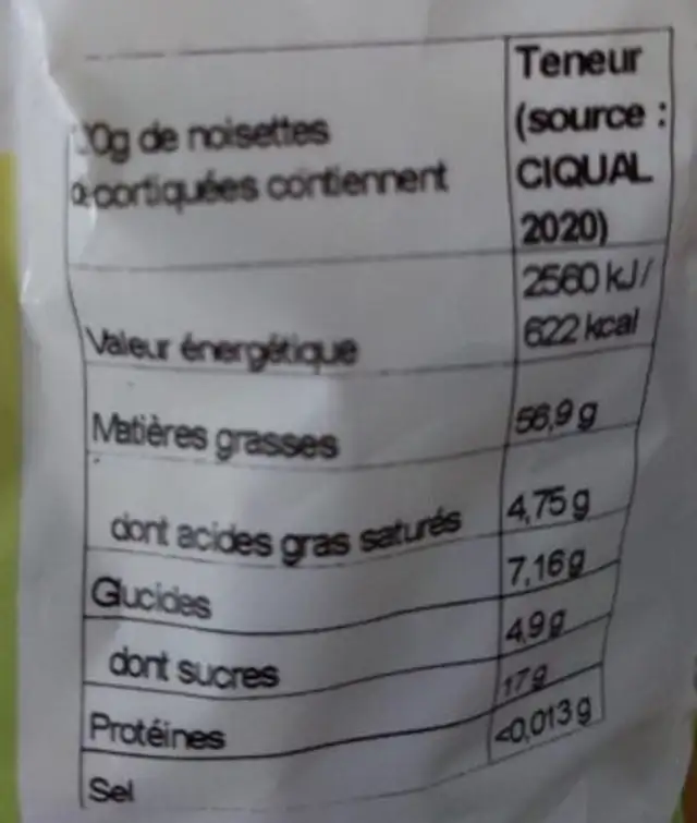 Noisette nutrition facts table
