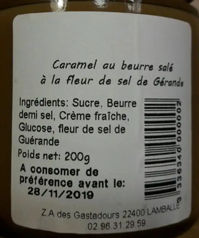 Caramel au beurre salé ingredients label