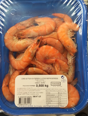 Crevettes entières cuites réfrigérées front packaging
