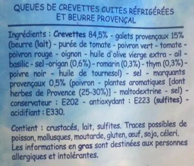 Queues de crevettes à la provençale ingredients label