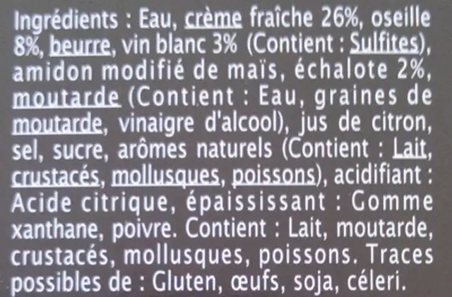 Sauce oseille ingredients label