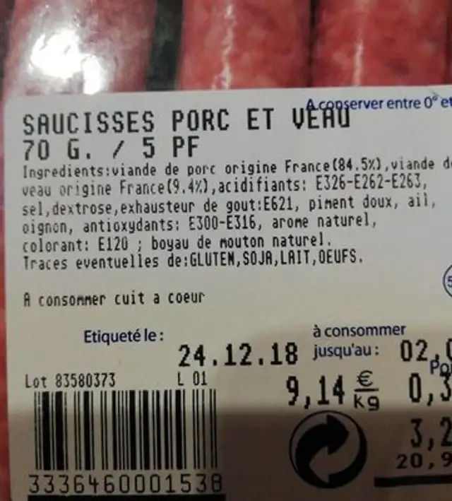 Saucisse porc et veau ingredients label