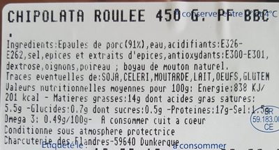 Chipolata roulée ingredients label