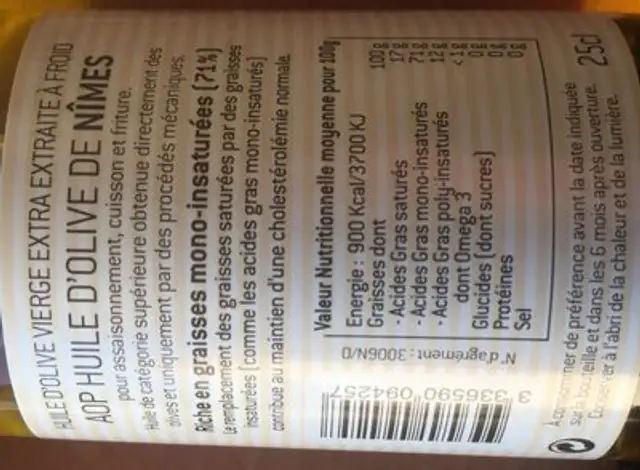 Huile d'olive de Nimes AOP ingredients label