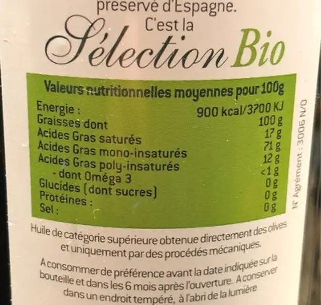 Huile d'olive vierge extra ingredients label