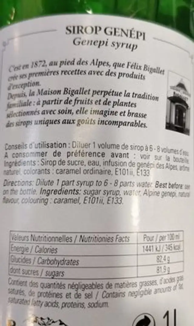 Sirop génépi ingredients label