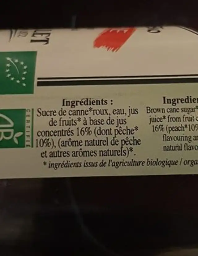 Sirop Peche 50CL Bigallet ingredients label