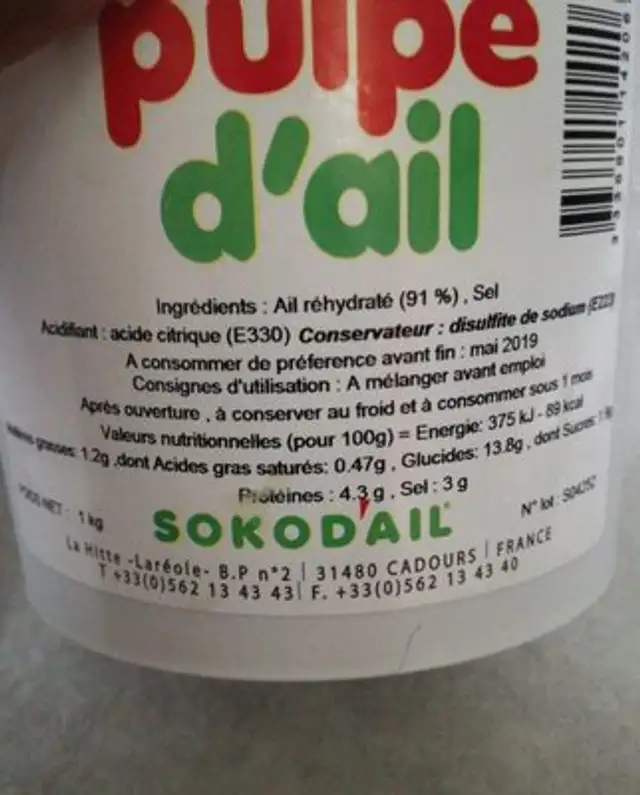 Pulpe d'ail ingredients label