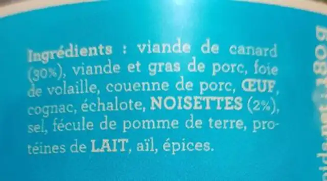 Terrine de Canard aux Noisettes ingredients label