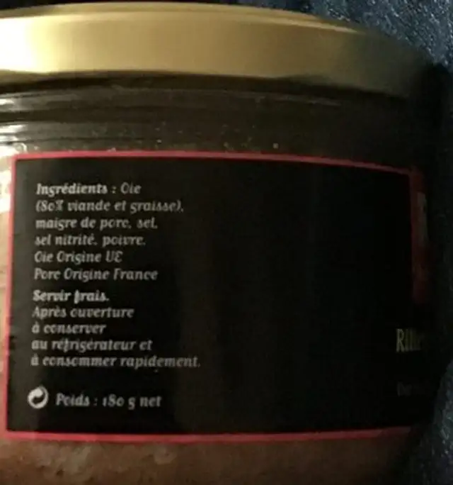 Rillettes d'oie ingredients label