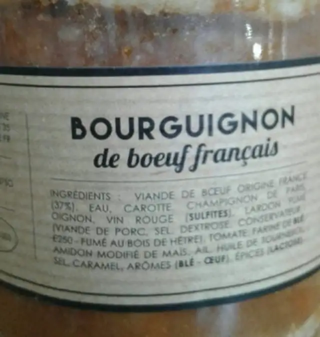 Bourguignon ingredients label
