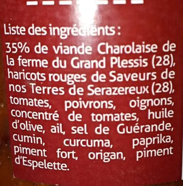 LE CHILI DU PERCHE ingredients label