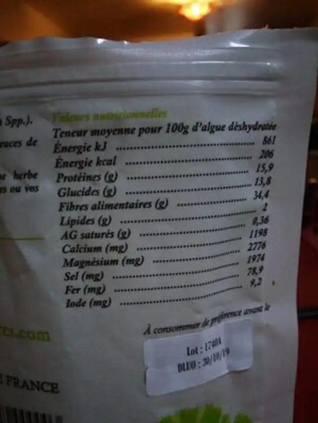 Laitue de mer nutrition facts table