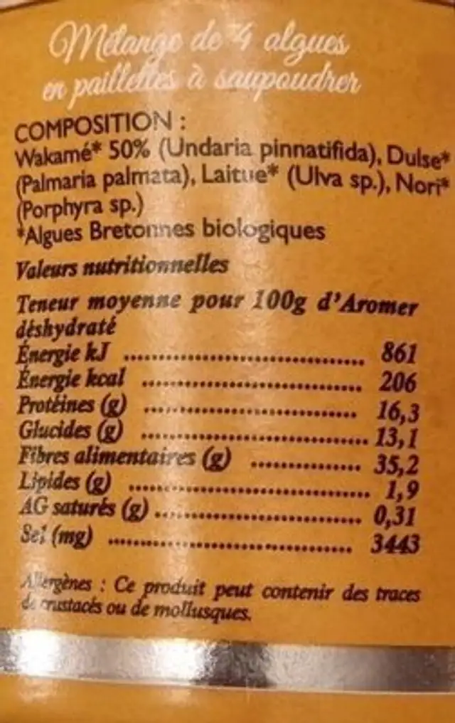 AROMER nutrition facts table