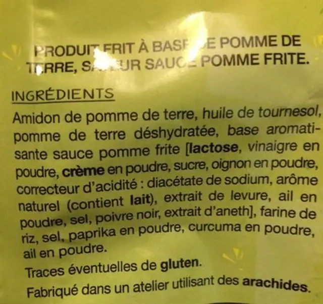 Snacks frites ingredients label