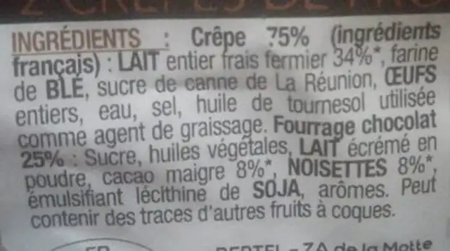 2 crêpes chocolat noisettes ingredients label