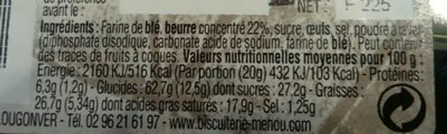 Palets de Bretagne nutrition facts table