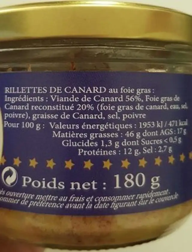 Rillettes Pur Canard au Foie Gras ingredients label