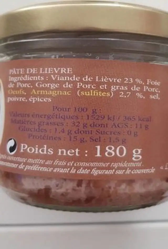 Paté de Lièvre À l'Armagnac ingredients label