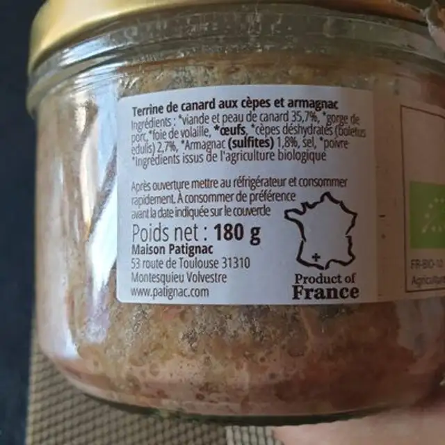 Terrine De Canard Cepes Et Armagnac Bio ingredients label