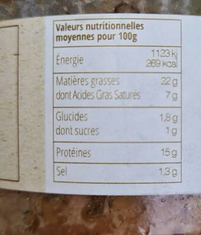 Terrine De Canard Pruneaux D Agen Armagnac Bio nutrition facts table