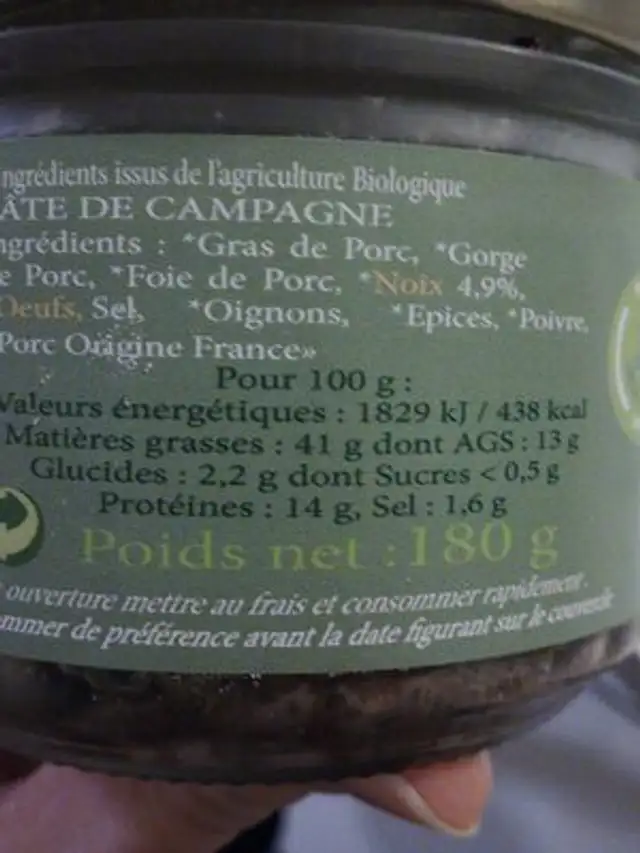 Pate De Campagne Aux Noix Recette Ariegeoise Bio ingredients label