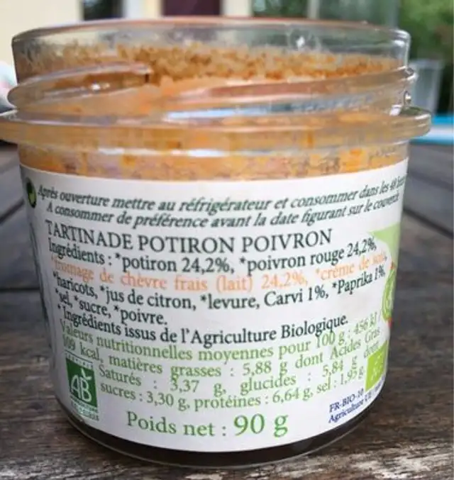 Tartinade potiron poivron nutrition facts table