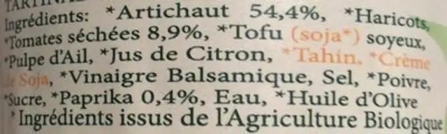 Tartinade bio artichaut ingredients label