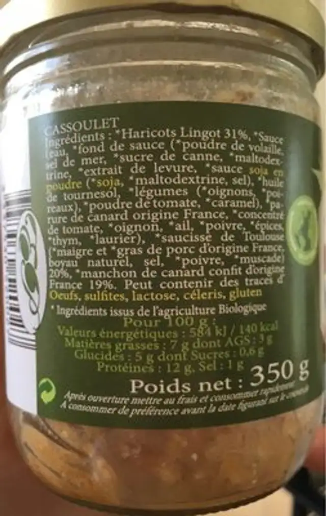 Cassoulet au confit et à la saucisse de Toulouse ingredients label