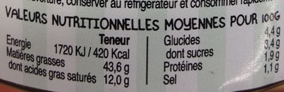 Sauce apéritif tomate basilic nutrition facts table