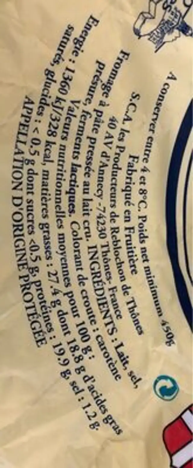 Reblochon de savoie nutrition facts table
