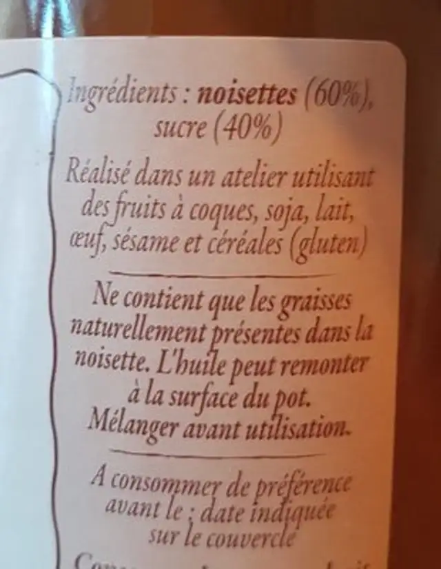 Praliné de noisettes ingredients label