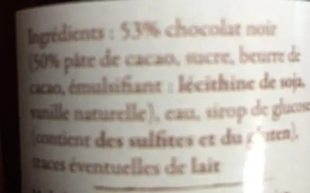 Coulée de chocolat ingredients label