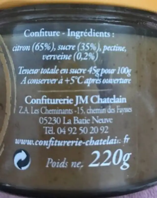 Confiture ingredients label