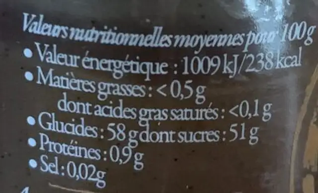 Crème de Marron Vanille nutrition facts table