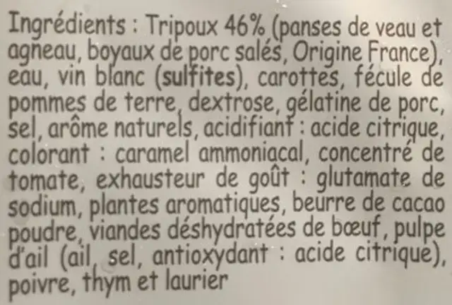 Tripoux ingredients label