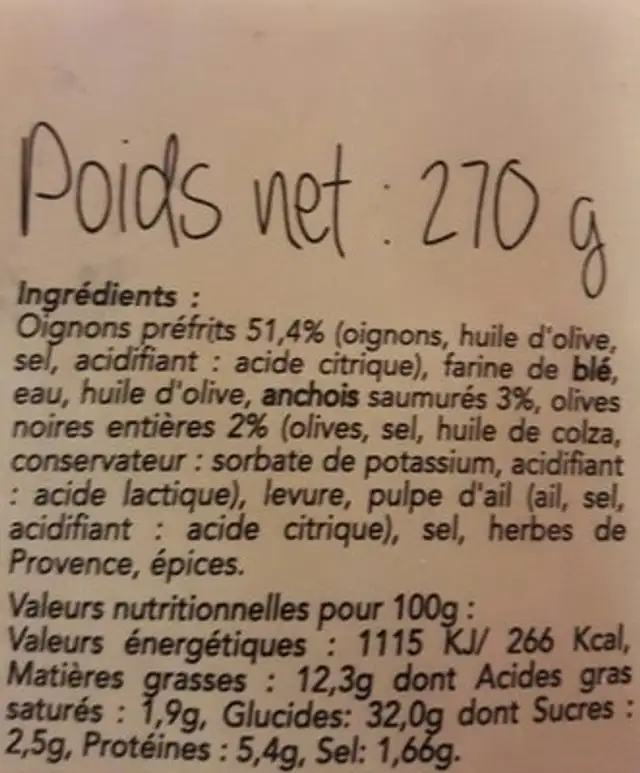 Pissaladière ingredients label