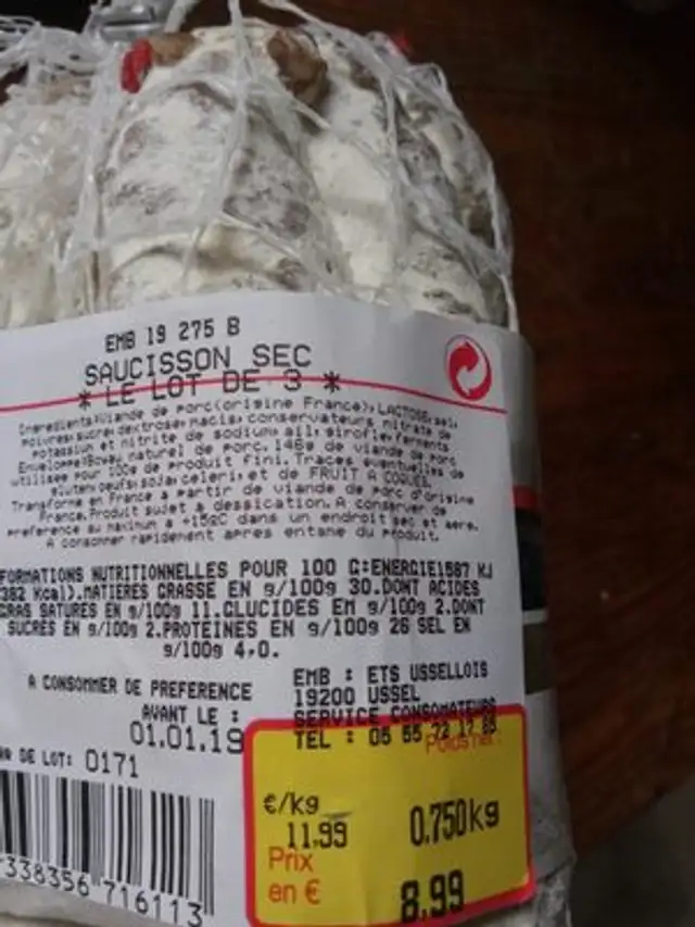 Saucisson sec ingredients label