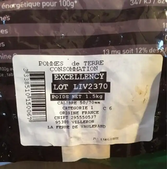 Pommes de terre ingredients label