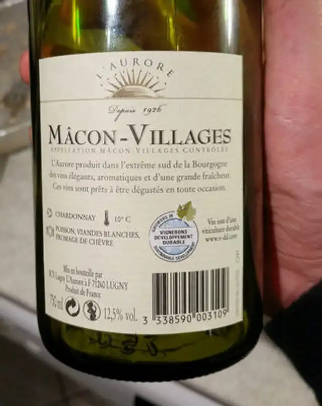 Mâcon Villages AOP, blanc nutrition facts table