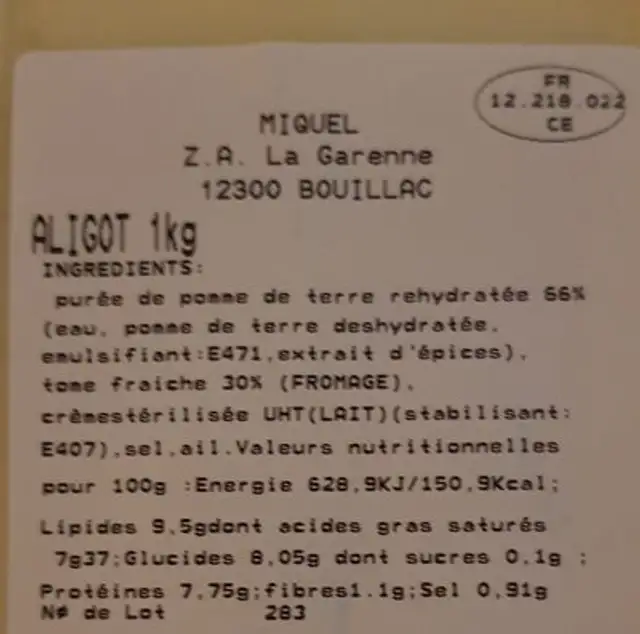 Aligot ingredients label