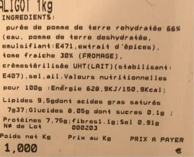 Aligot nutrition facts table