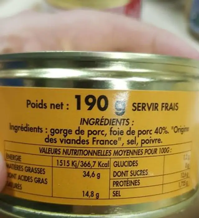 Confit de foie pur Porc ingredients label