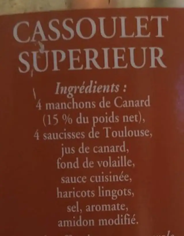Cassoulet supérieur ingredients label