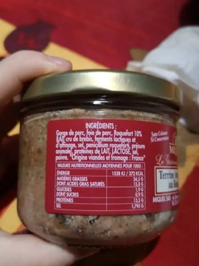 Terrine Aveyronnaise au Roquefort ingredients label