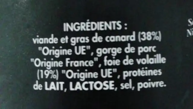 Pâte de canard ingredients label