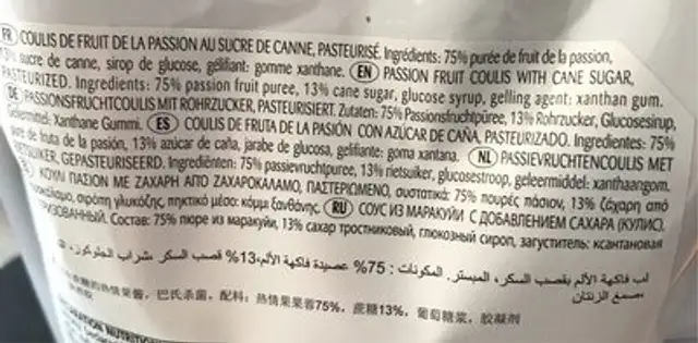 Coulis la Fruitiere ingredients label