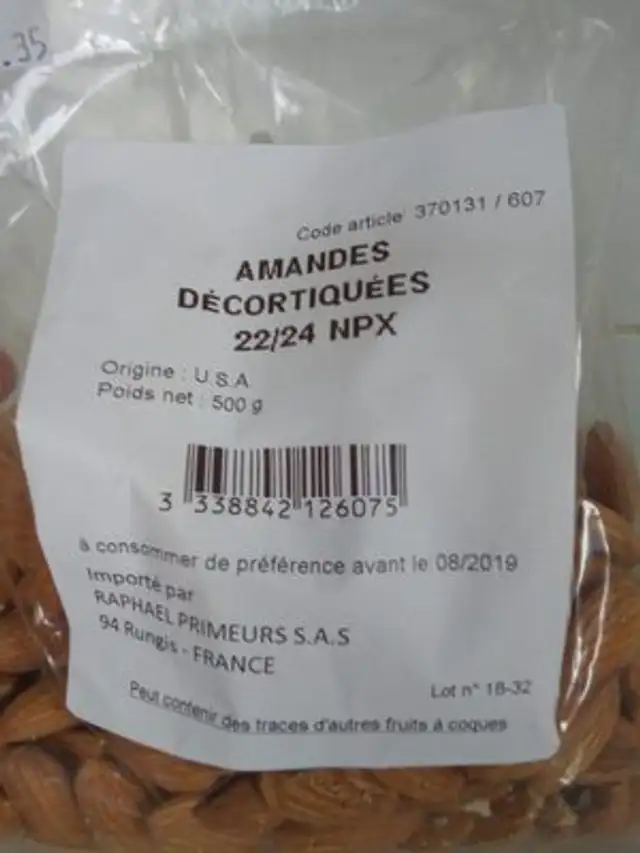 Amandes décortiquées ingredients label