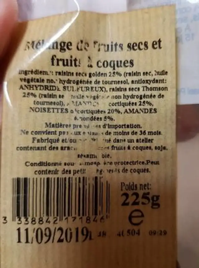 Mélange de fruits secs et fruits a coques ingredients label