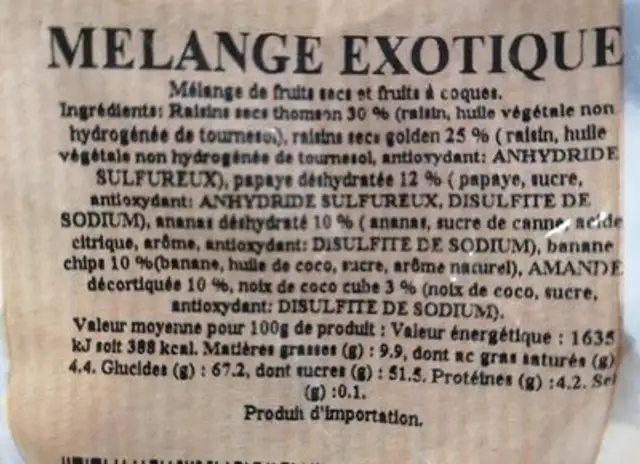 Mélange Exotique ingredients label